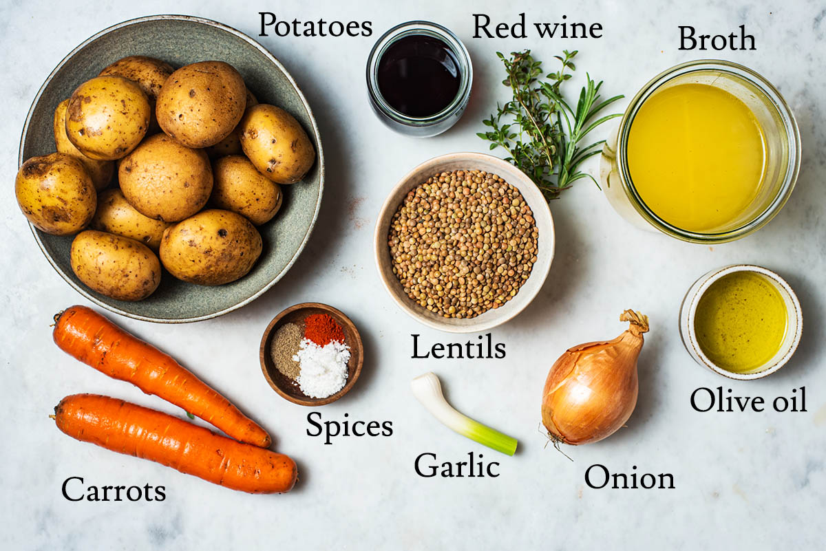 Cottage pie ingredients with labels.