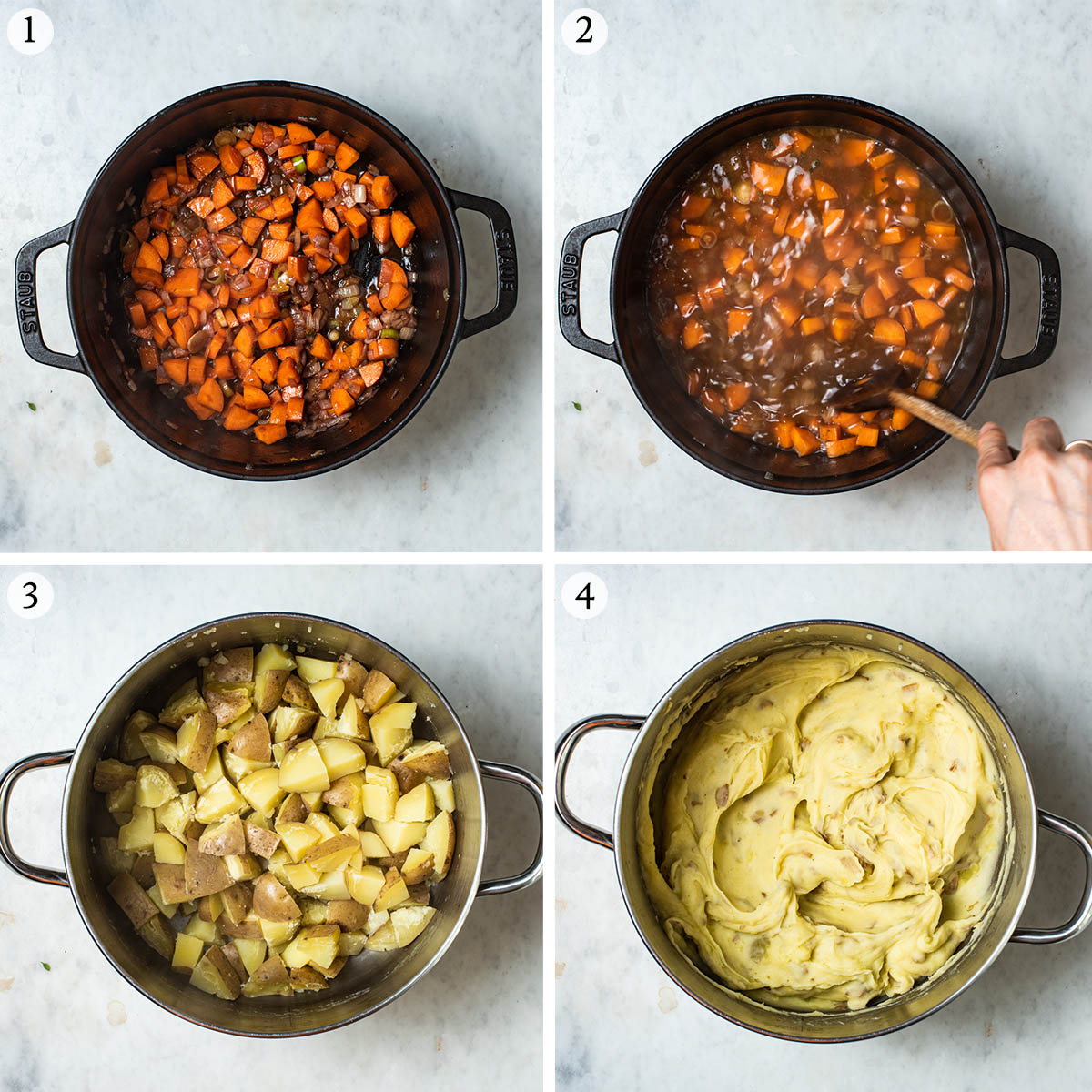 Lentil cottage pie steps 1 to 4, starting the filling and making mash.