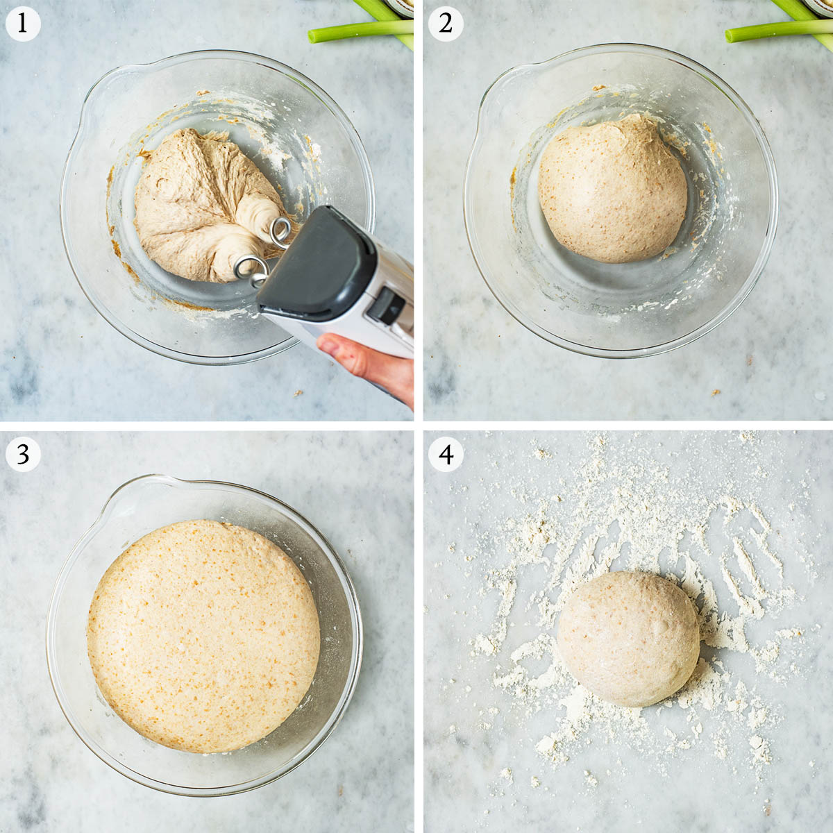 Making pizza dough steps 1-4, kneading, rising, and turning onto a floured surface.