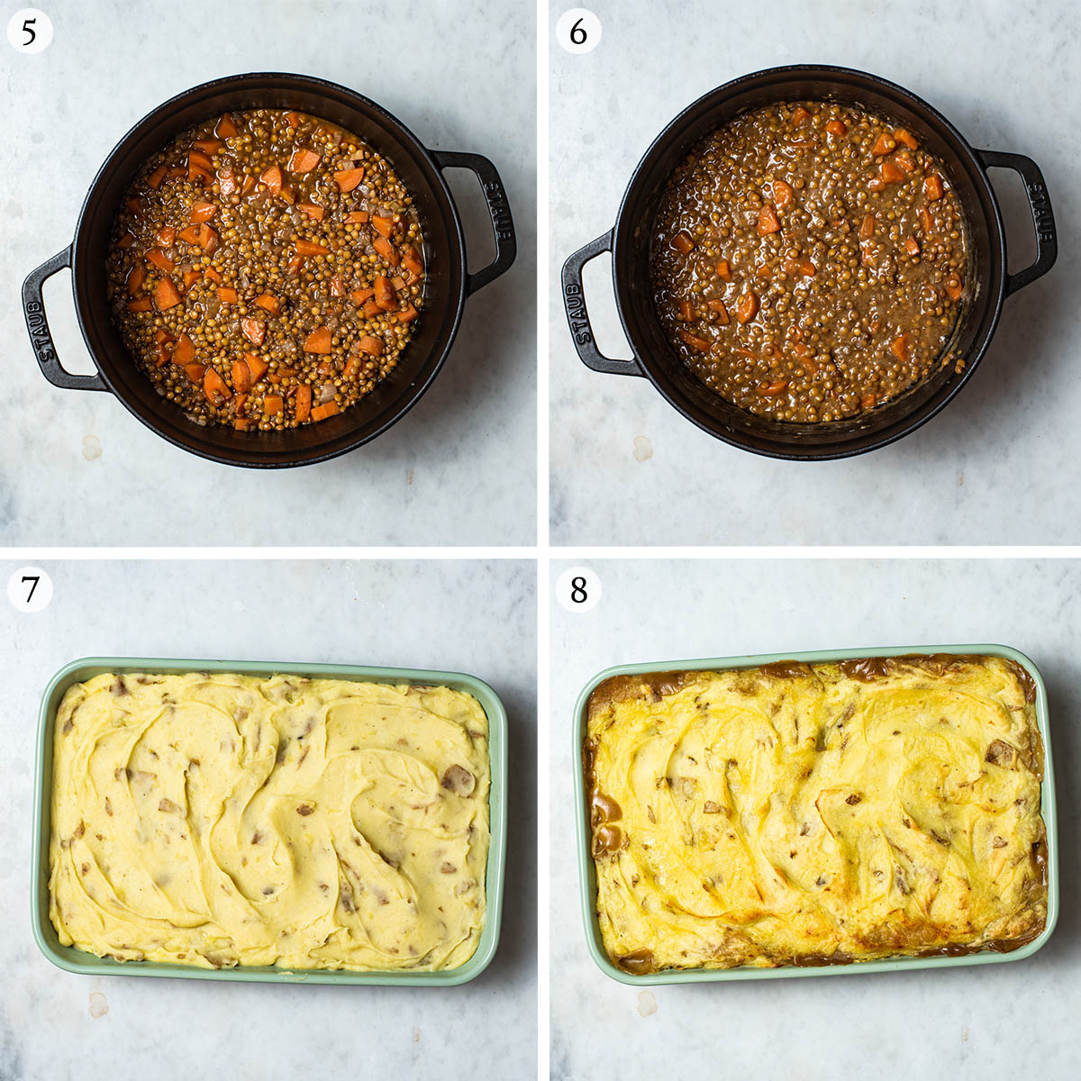 Cottage pie steps 5 to 8, thickening filling and topping and baking pie.