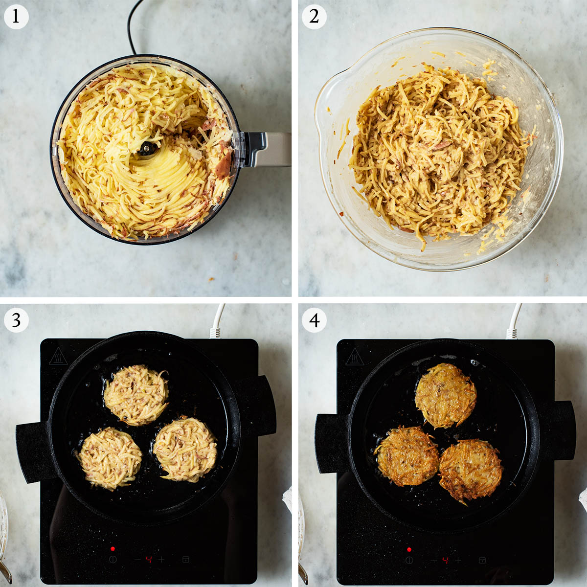 Kartoffelpuffer steps 1 to 4, mixing the batter and before and after cooking in a frying pan.