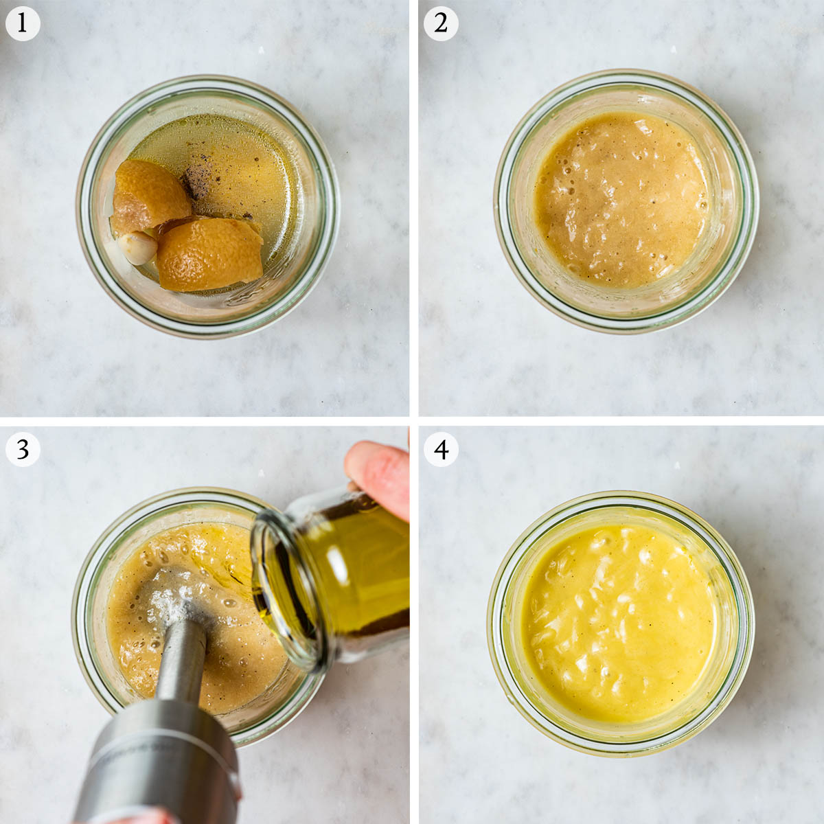 Lemon vinaigrette steps 1 to 4, blending with immersion blender.