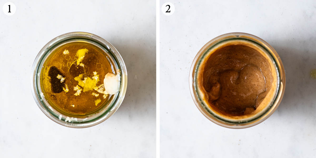 Tahini sauce in a jar, steps one and two, adding ingredients and mixing.