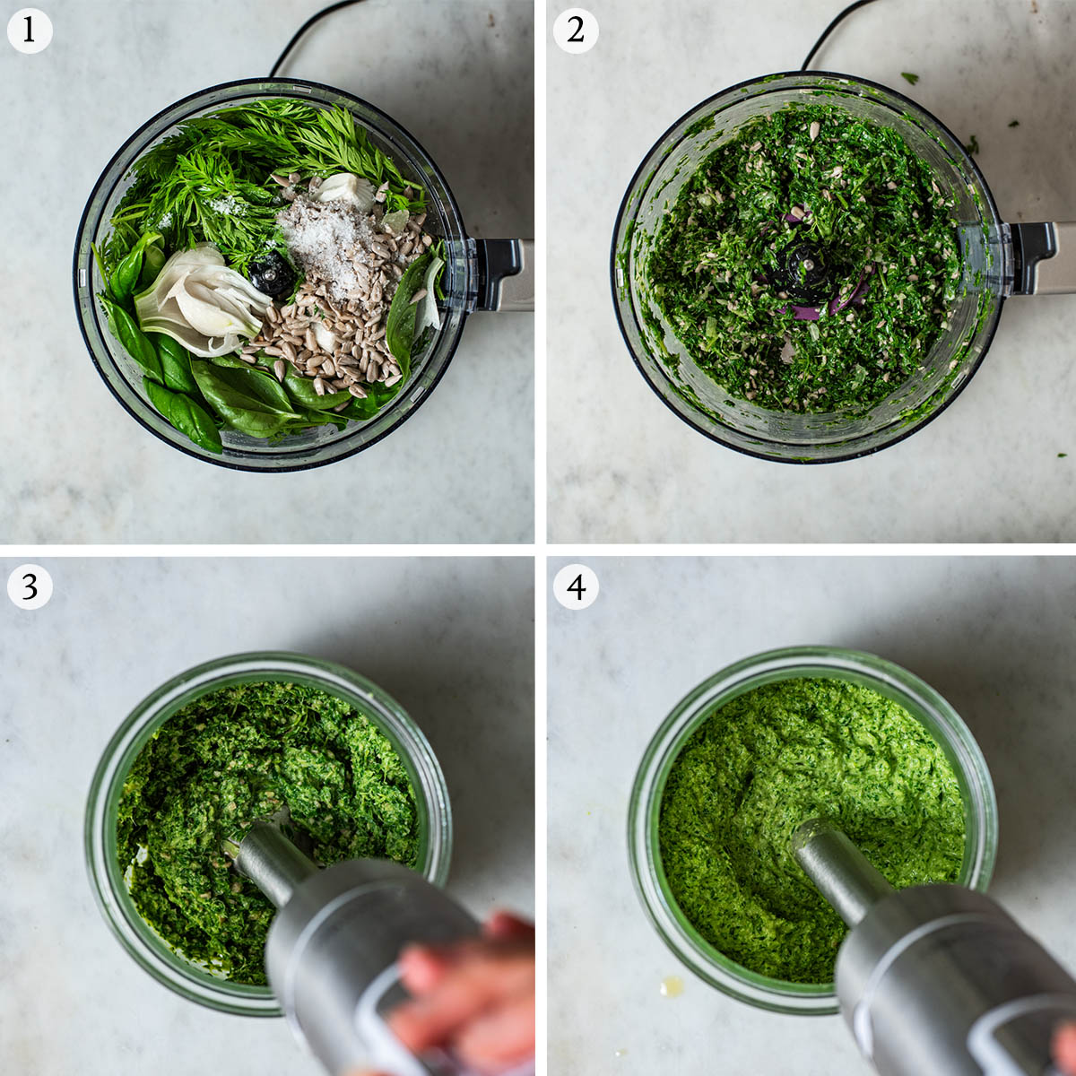 Carrot greens pesto steps 1 to 4, mixing and blending in oil.