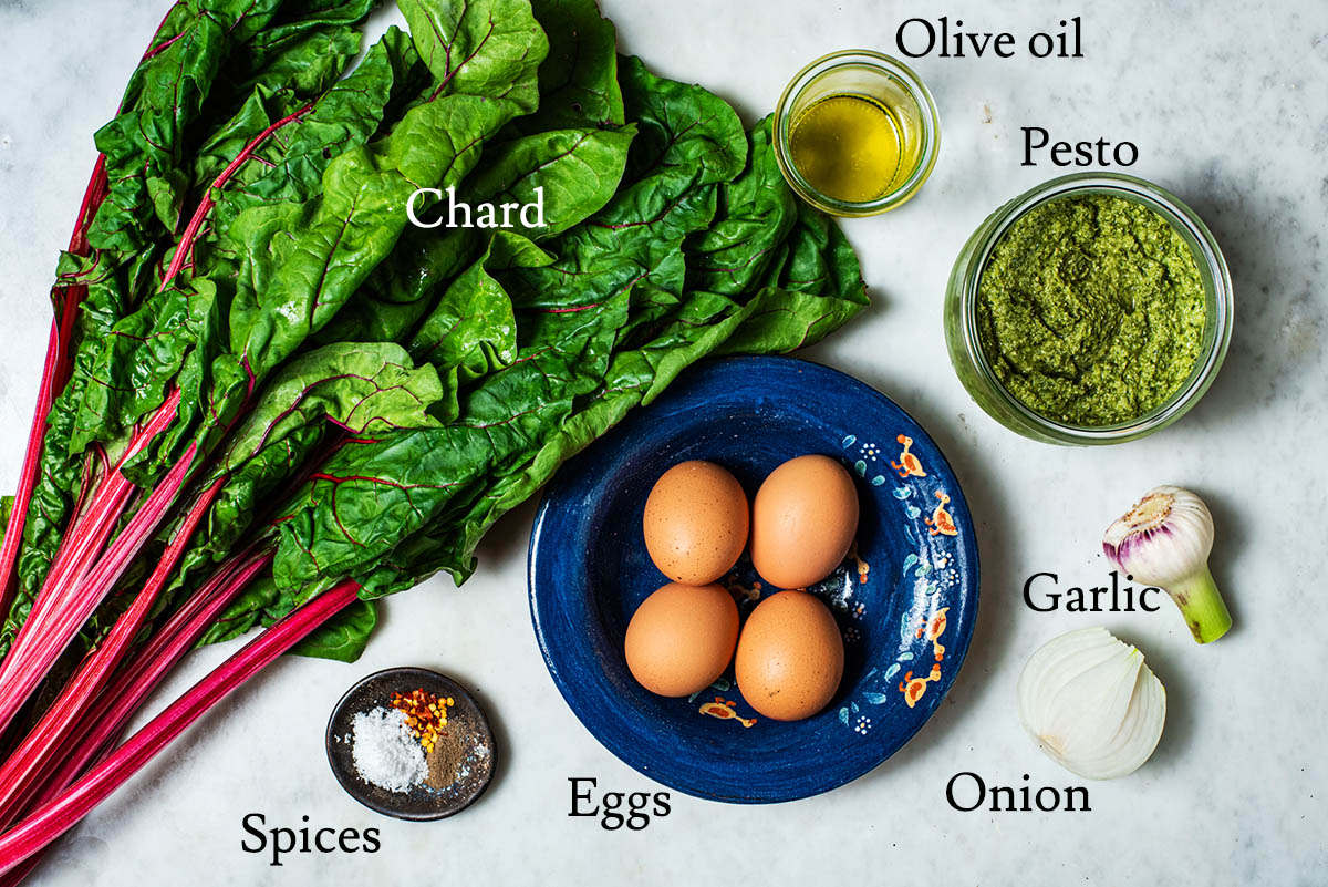 Chard baked eggs ingredients with labels.