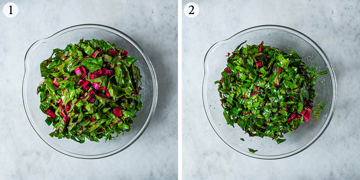 Chard salad steps 1 and 2, before and after massaging the greens.