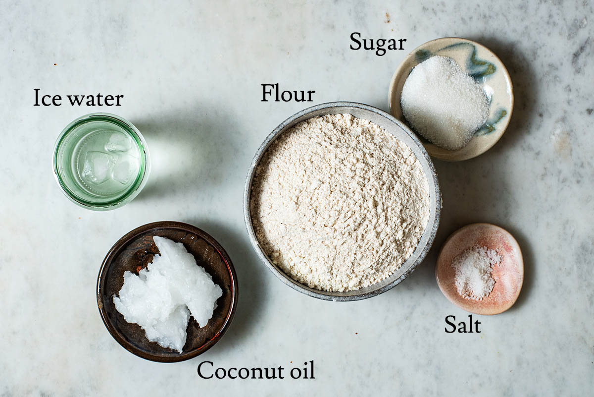 Coconut oil pie crust ingredients with labels.