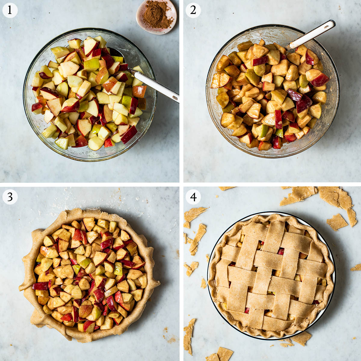 Apple pie steps 1 to 4, making the filling, adding to pie shell, and covered with lattice.