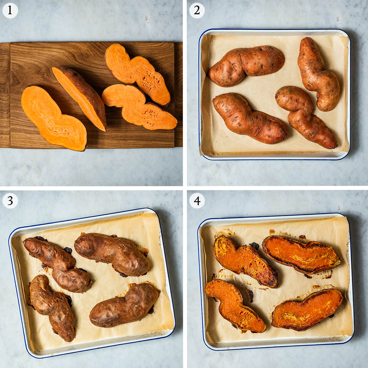 Sweet potatoes steps 1 to 4, halving and before and after cooking.