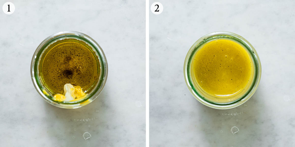 Vinaigrette steps 1 and 2, before and after mixing.
