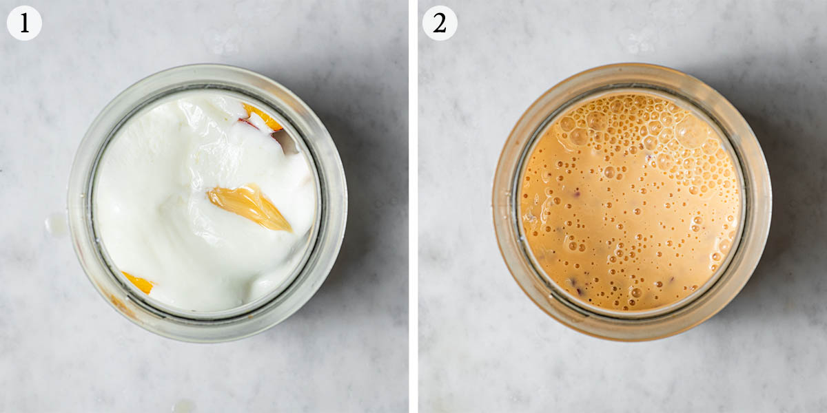 Nectarine smoothie steps 1 and 2, before and after blending.