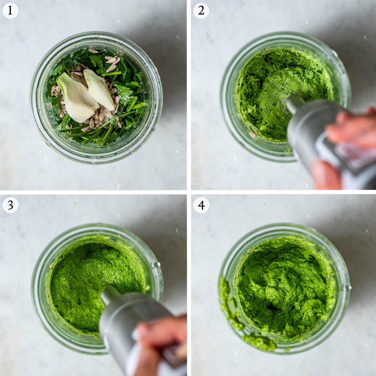 Parsley pesto steps 1 to 4, blending ingredients and adding olive oil to mix.
