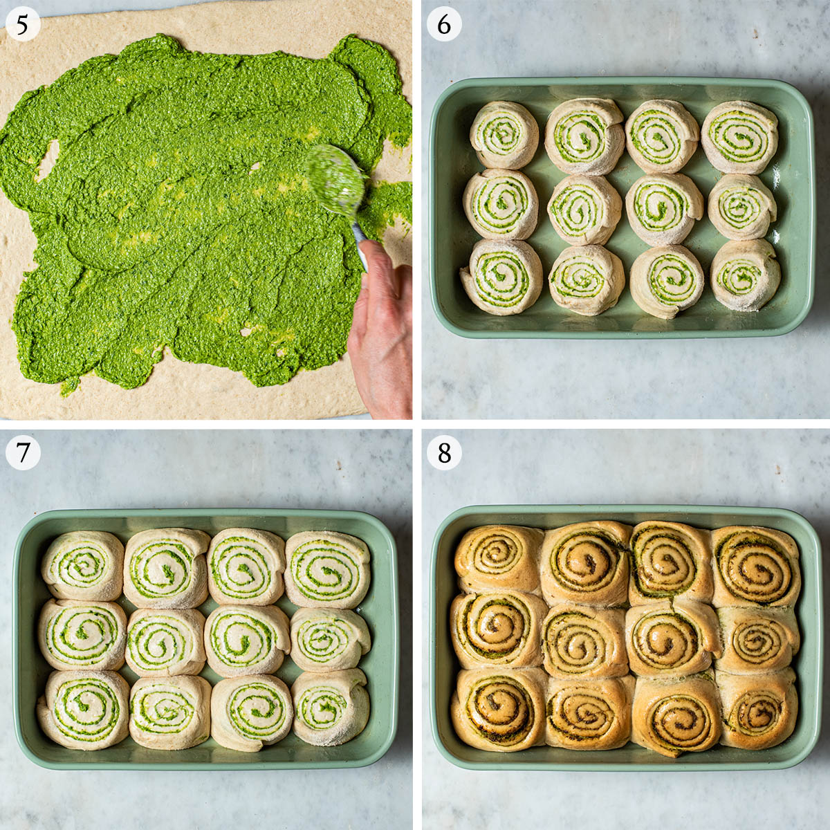 Pesto buns steps 5 to 8, filling the buns, second rise, and baked.