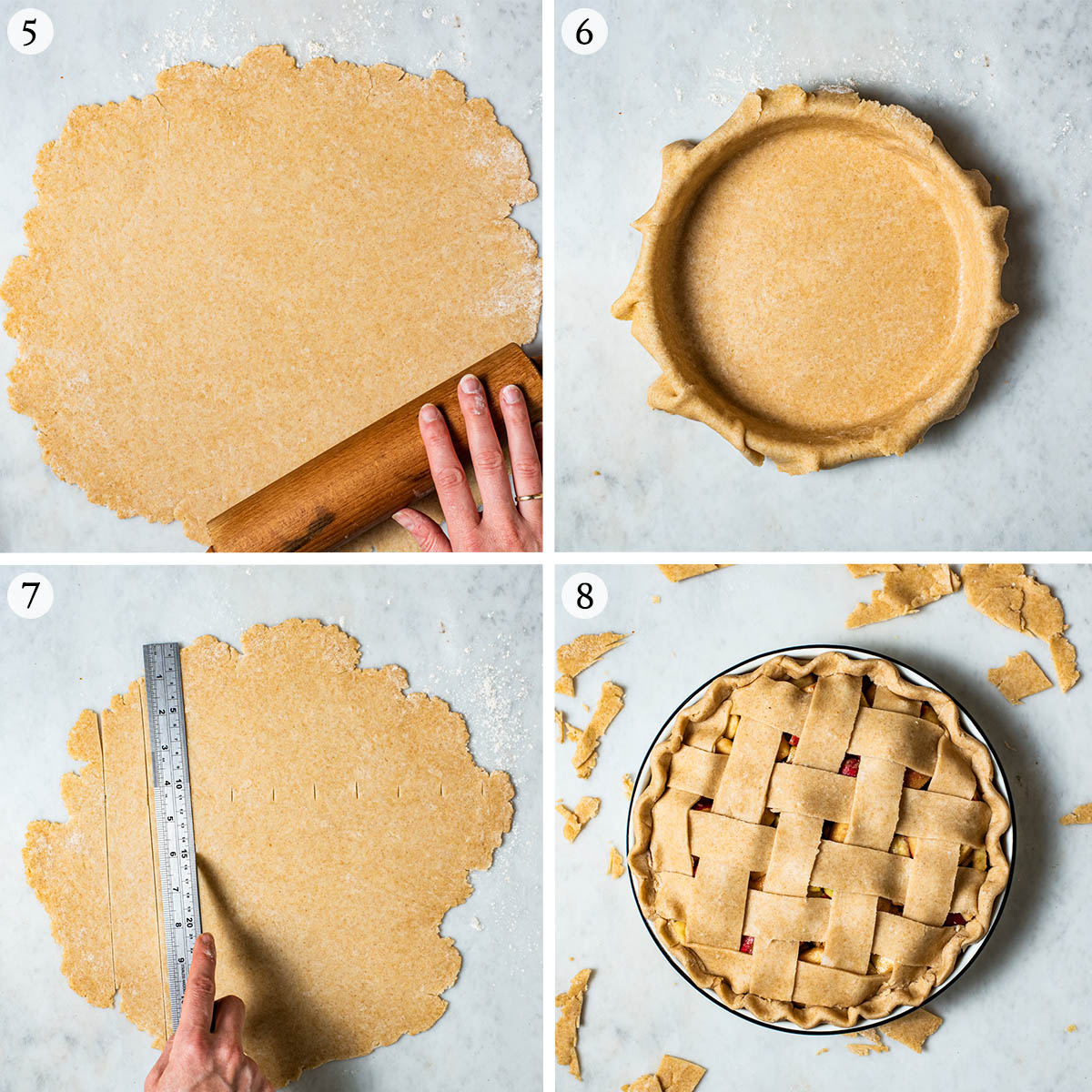 Pie dough steps 5 to 8, rolling out, placed into tin, and forming a lattice top.