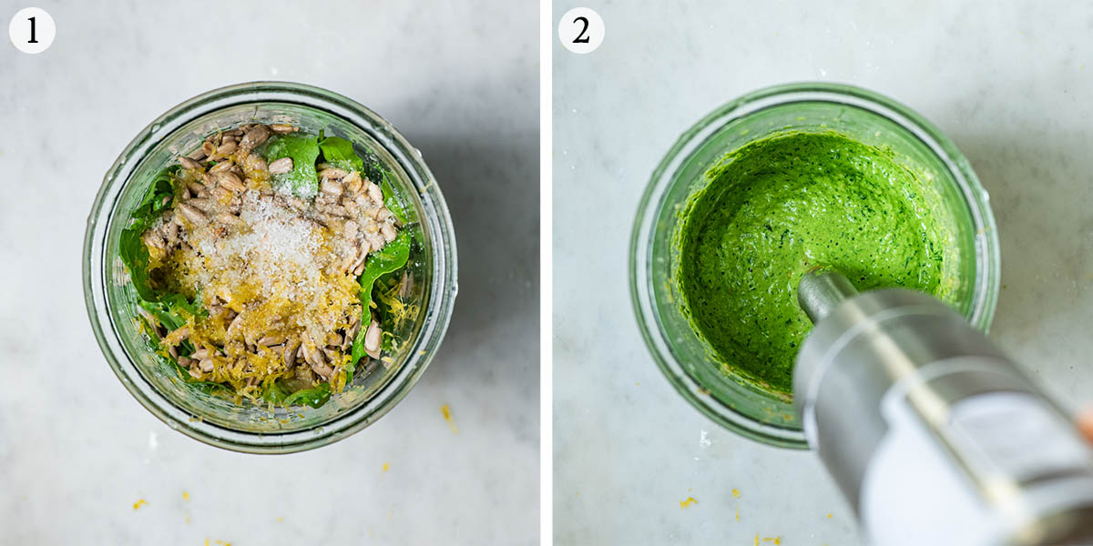 Pesto steps 1 and 2, before and after blending.