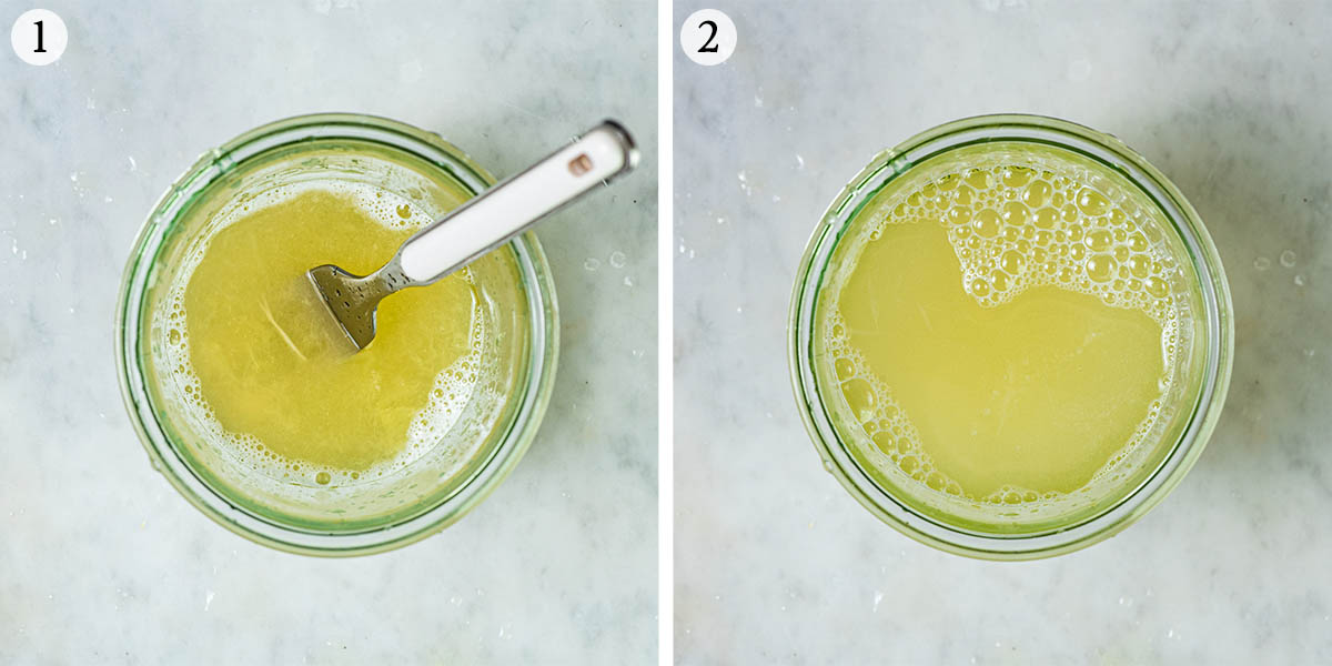 Single serving lemonade steps 1 and 2, mixing syrup base and topping with water.