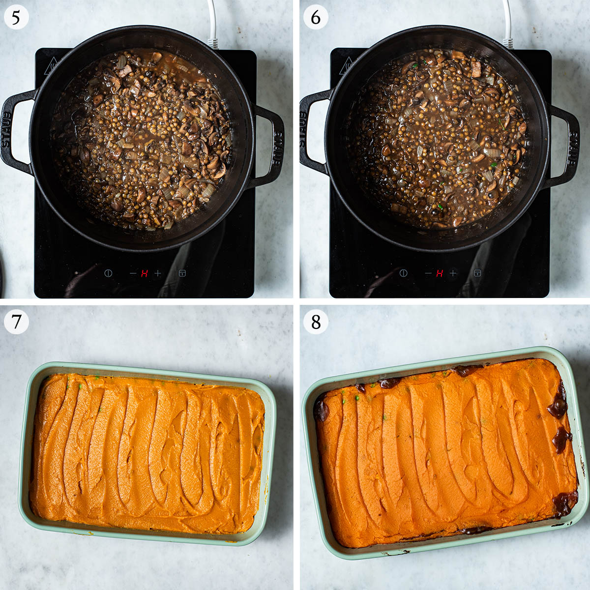 Cottage pie steps 5 to 8, finishing the filling and before and after baking.