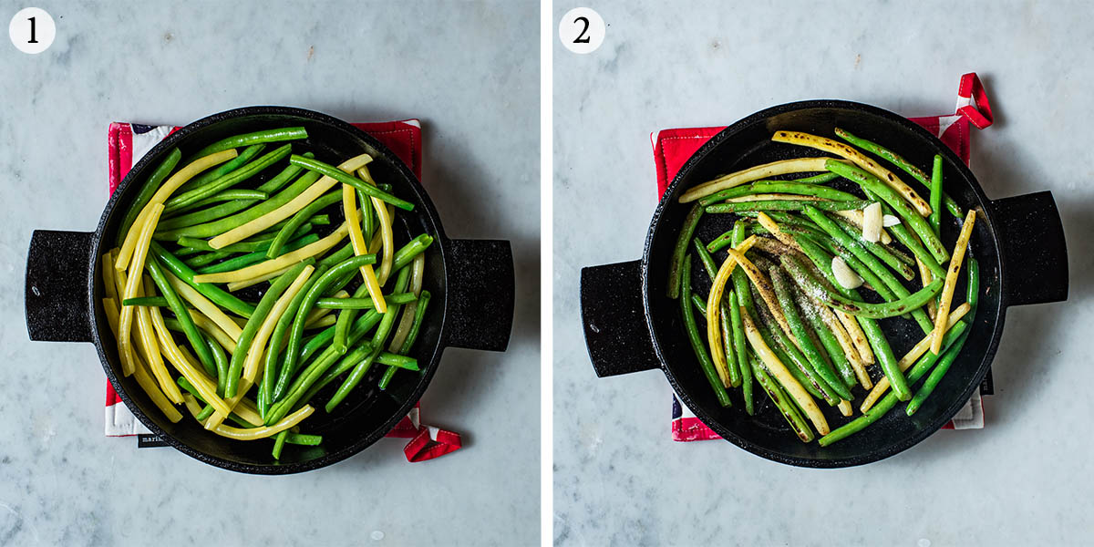 Sautéed green beans steps 1 and 2, before and after cooking.