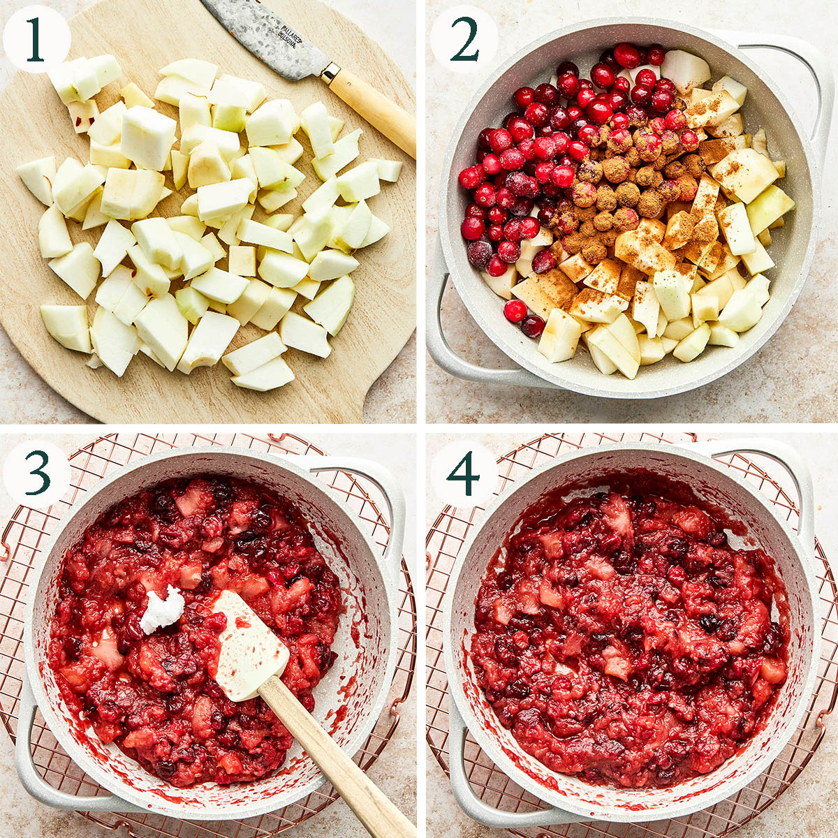 Cranberry apple sauce steps 1 to 4, preparing, cooking, and finished sauce.