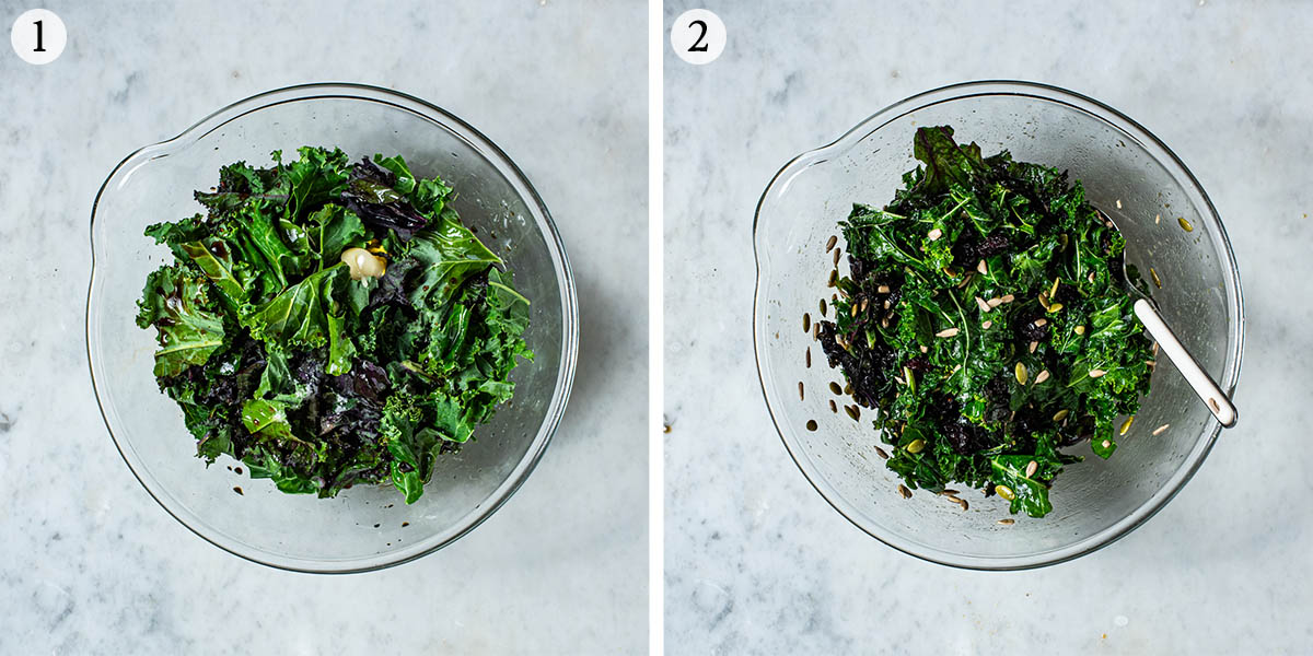 Salad steps 1 and 2, before and after massaging.