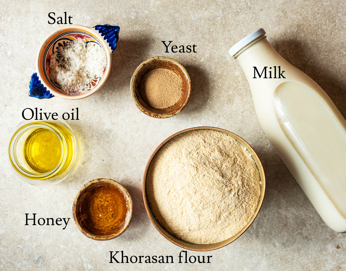 Khorasan bread ingredients with labels.