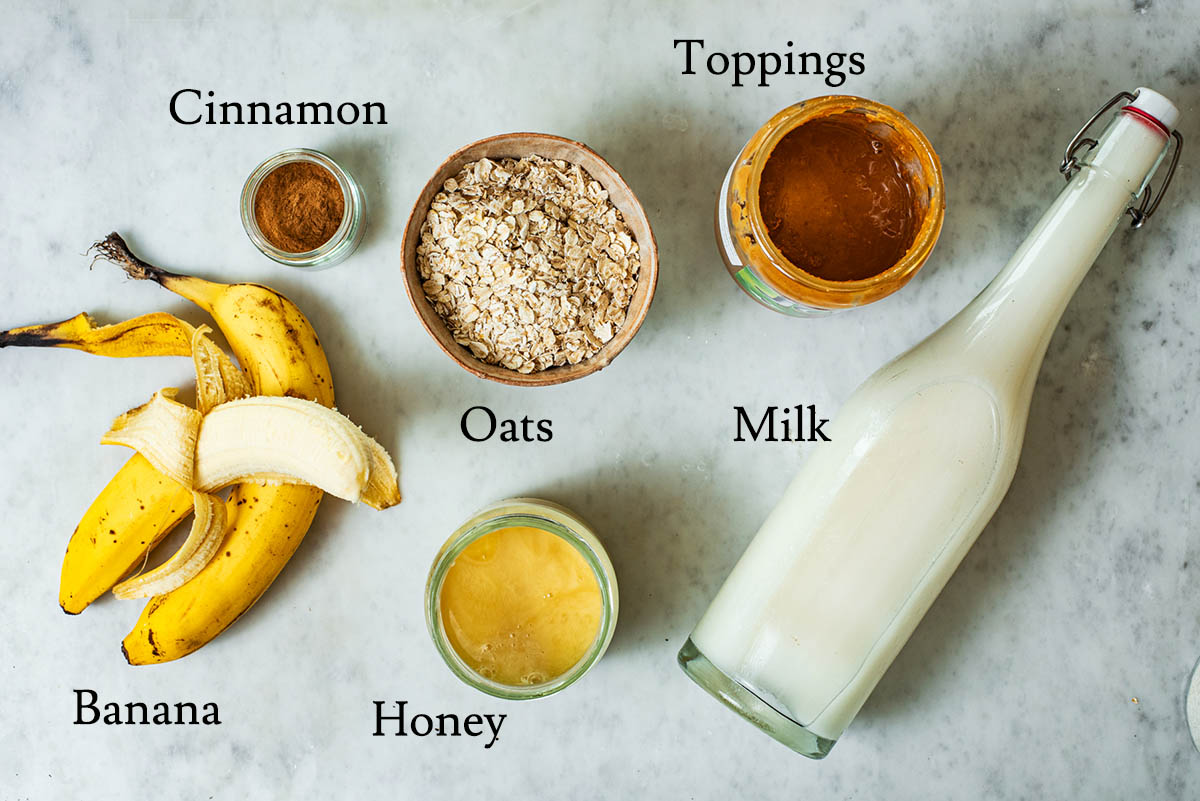 Banana porridge ingredients with labels.