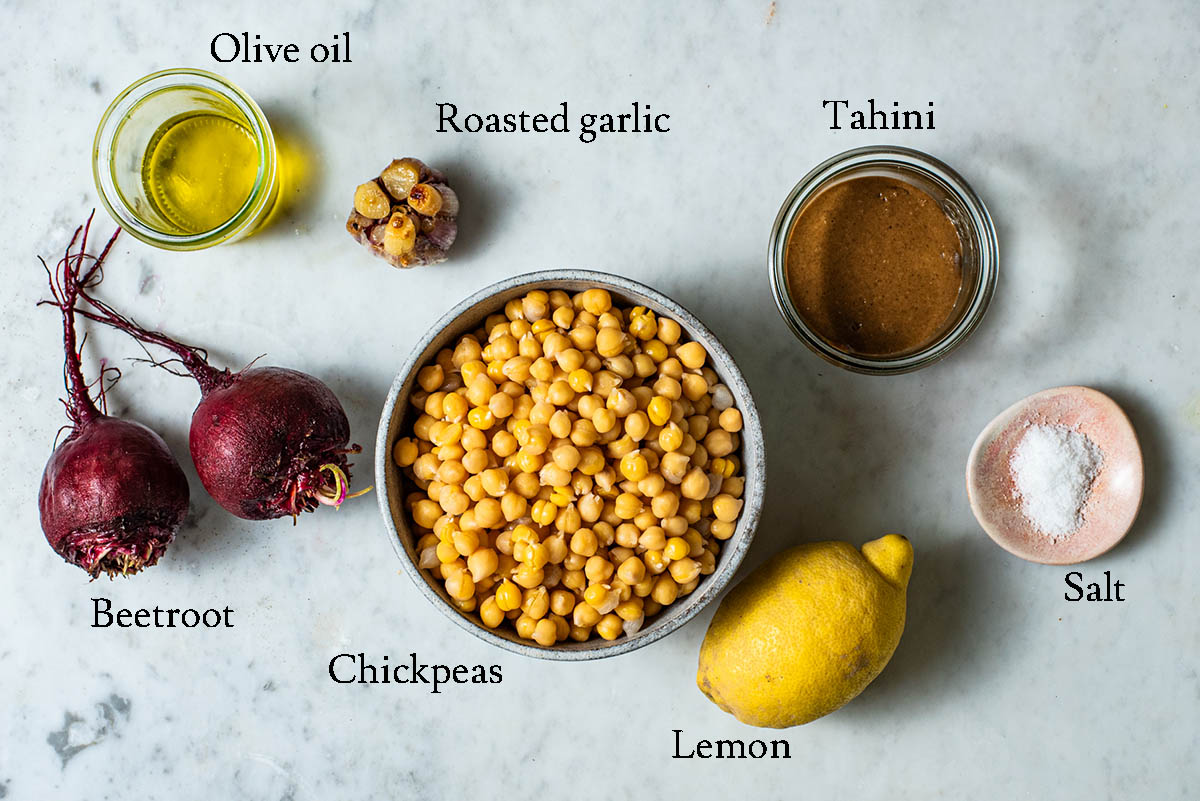 Beet hummus ingredients with labels.