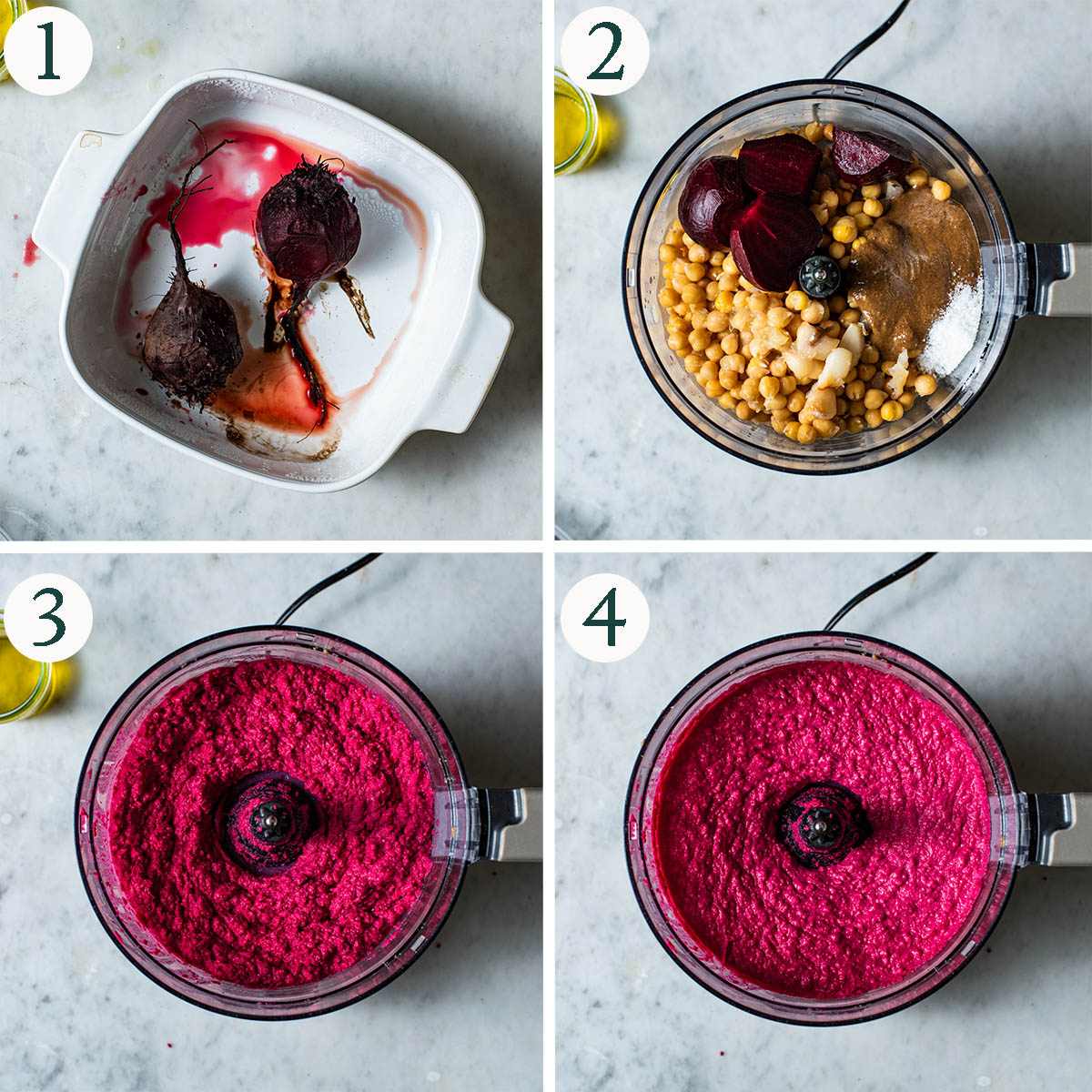 Hummus steps 1 to 4, roasted beets, hummus before and after blending.