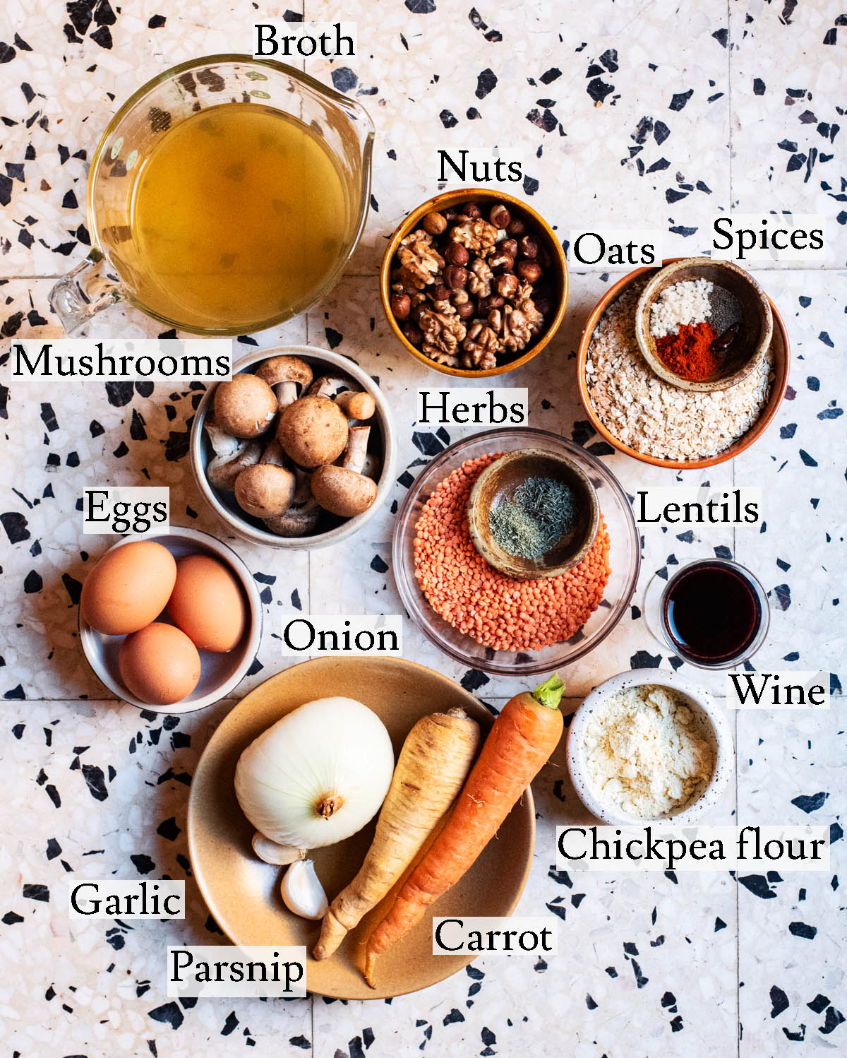Nut roast ingredients with labels.