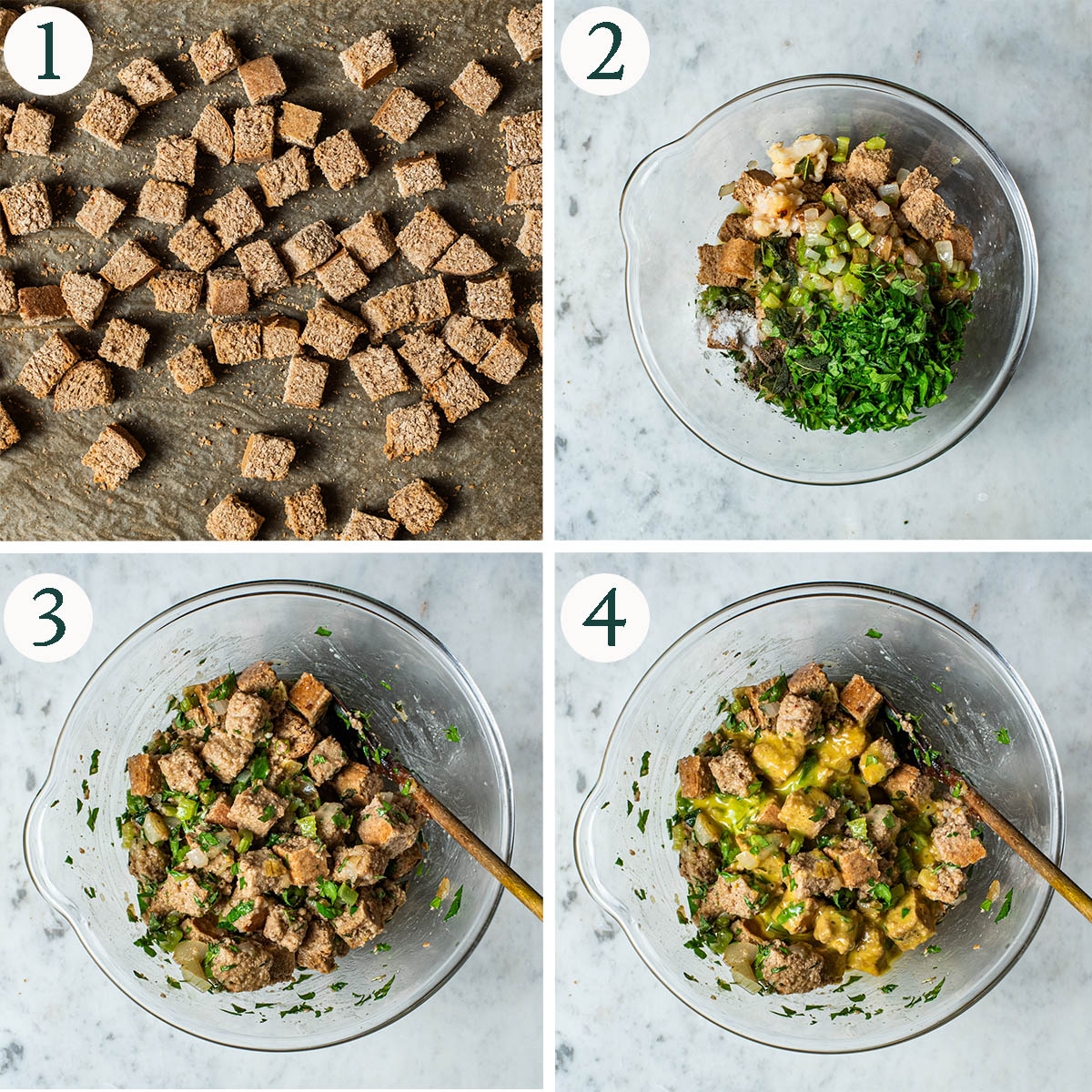 Steps 1 to 4 for stuffing, toasting bread and mixing stuffing ingredients.