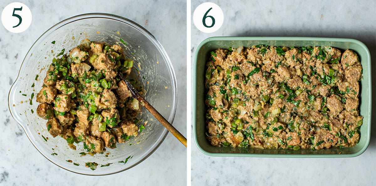 Stuffing steps 5 and 6, mixed in the bowl and in the dish before baking.