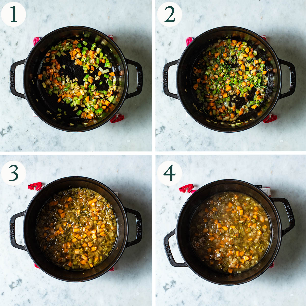 Gravy steps 1 to 4, cooking vegetables and gravy before and after thickening.