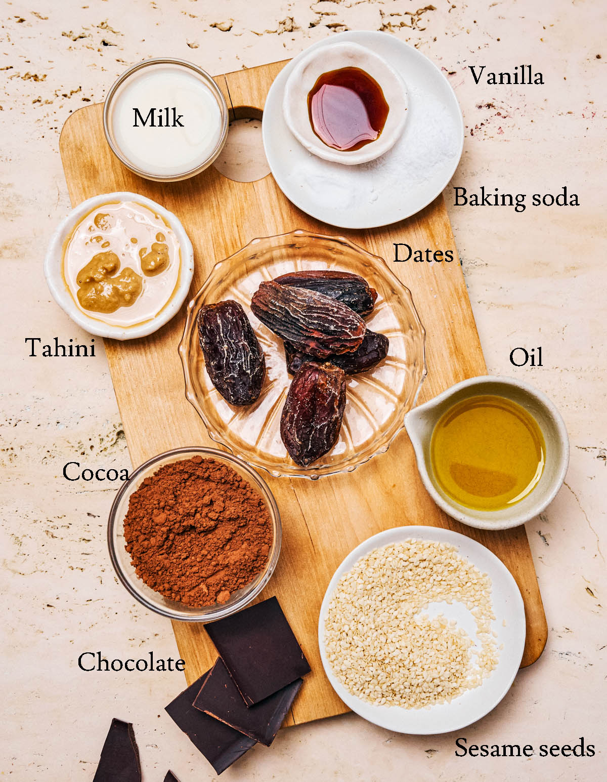 Chocolate tahini cookies ingredients with labels.