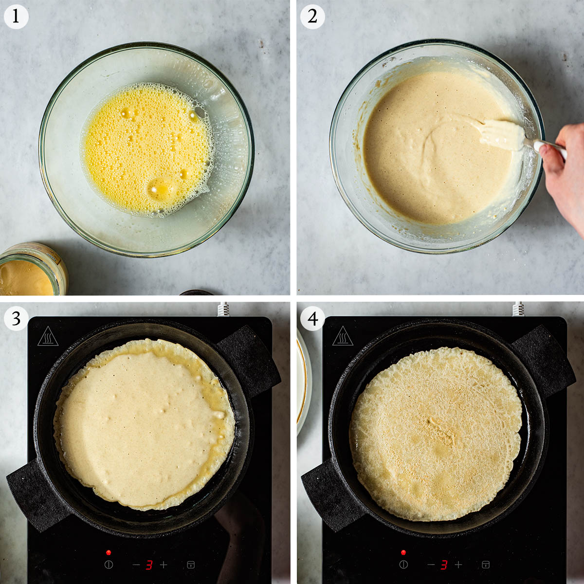 Flat pancakes steps 1 to 4, mixing the batter and cooking a pancake.