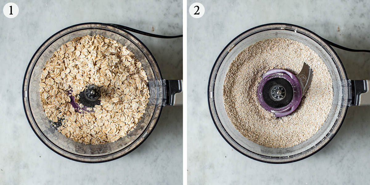 Before and after grinding oats in a food processor.