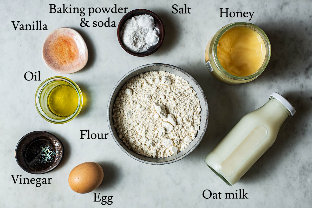 Oat milk pancake ingredients with labels.