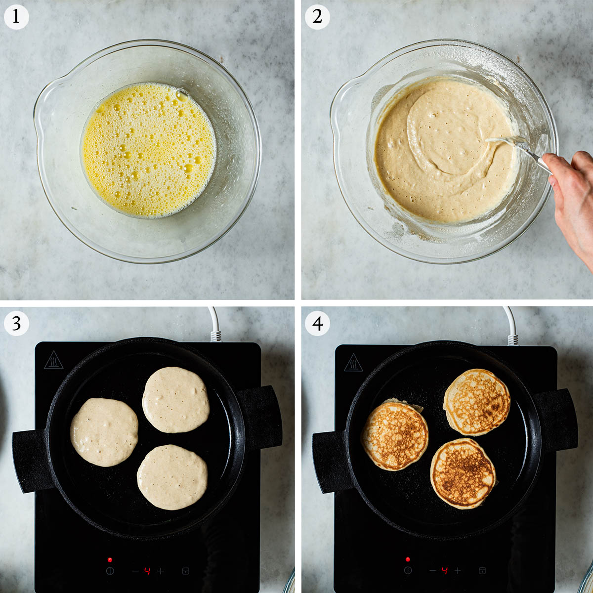 Pancakes steps 1 to 4, mixing the batter and cooking the pancakes.