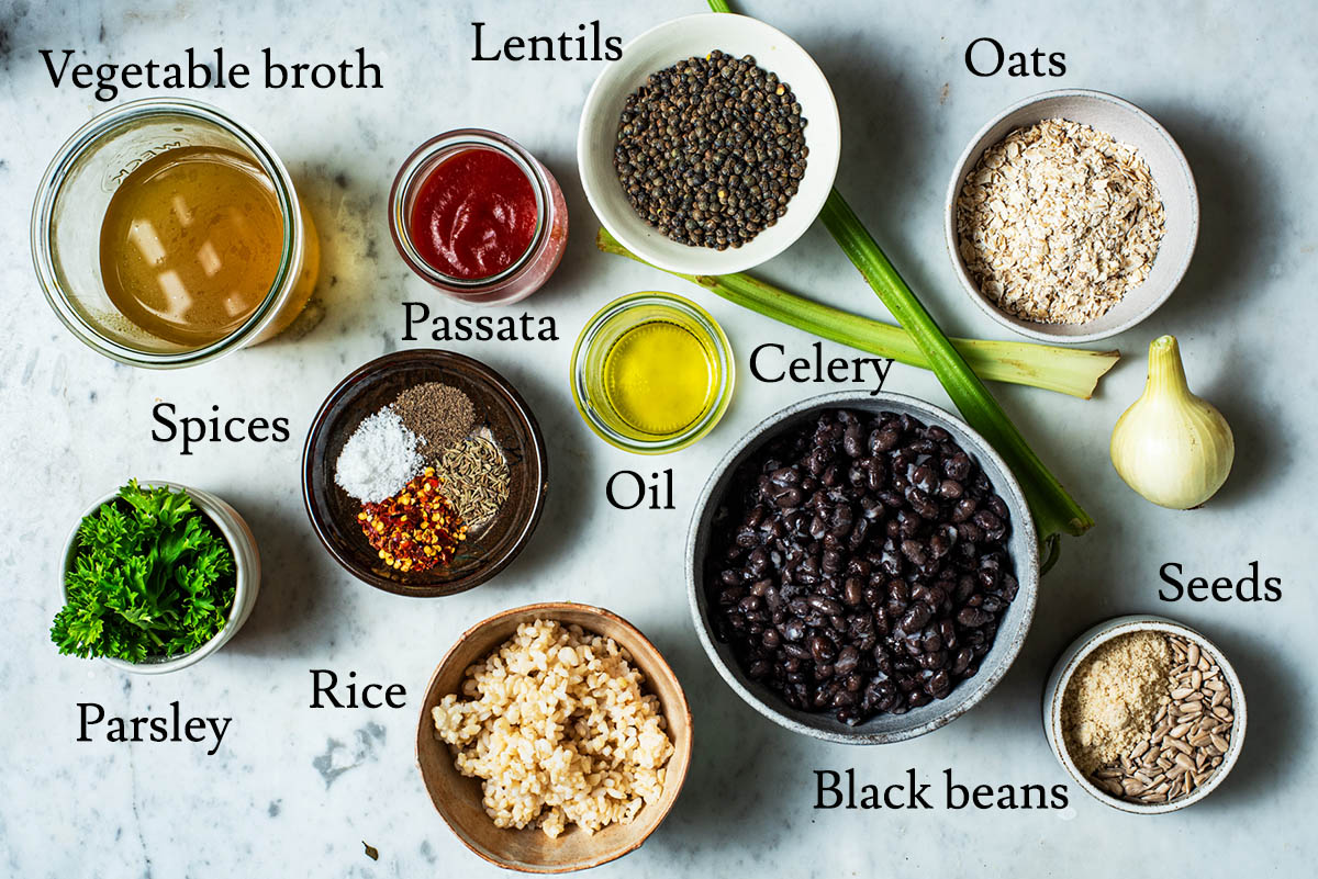 Black bean burger ingredients with labels.