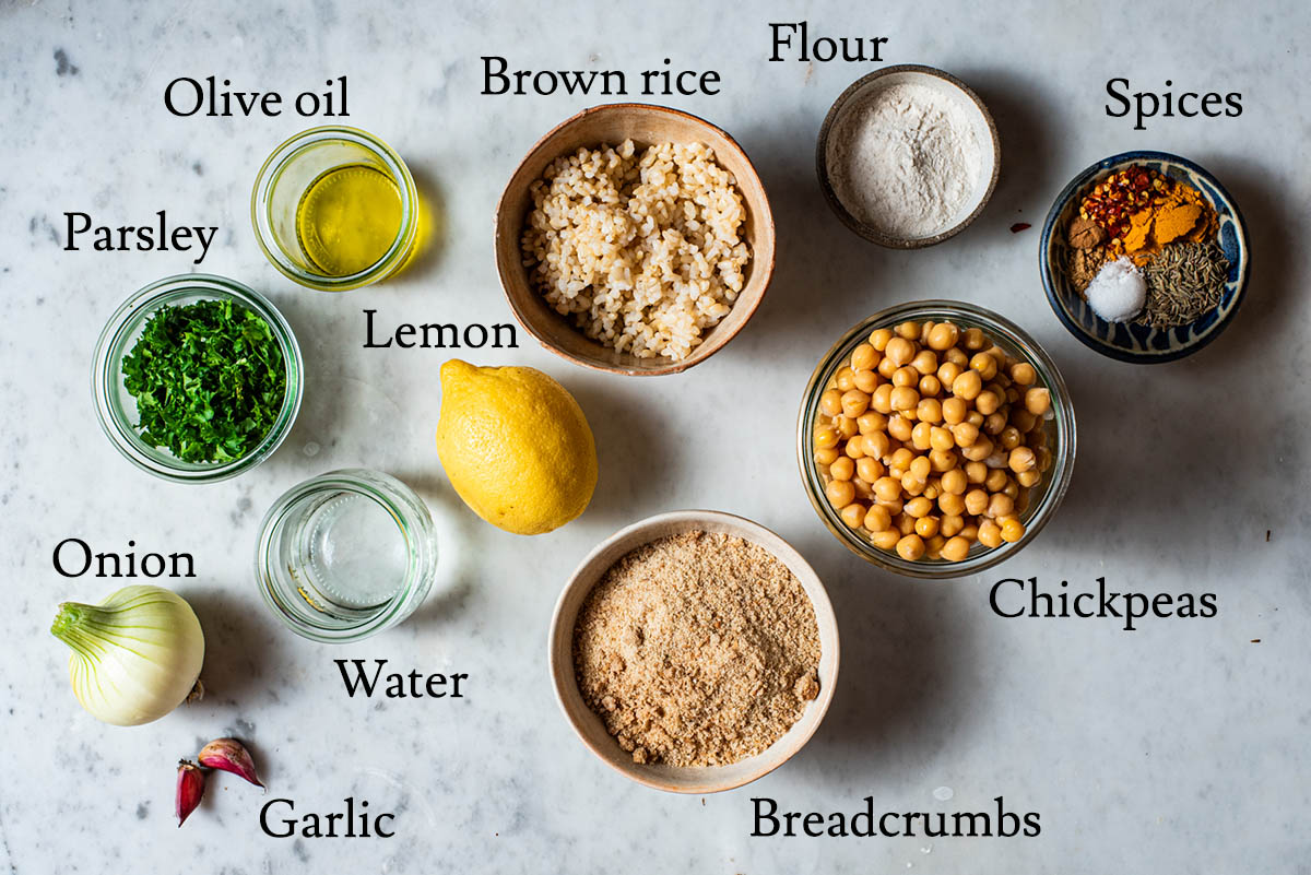 Chickpea burger ingredients with labels.