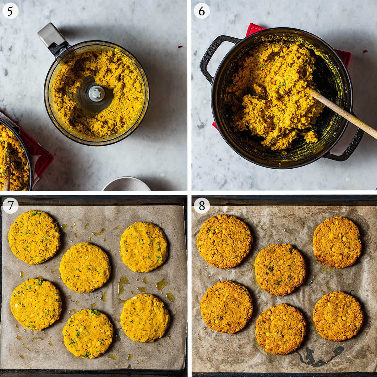 Veggie burgers steps 5 to 8, blended base and before and after baking.