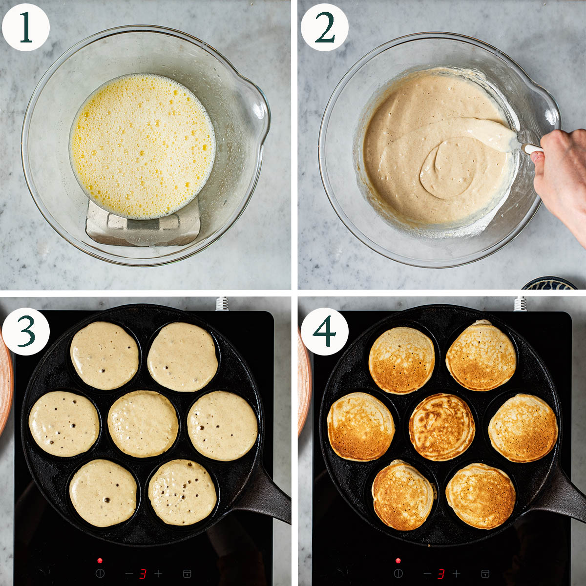 Drop scones steps 1 to 4, mixed batter and pancakes cooking in the pan.