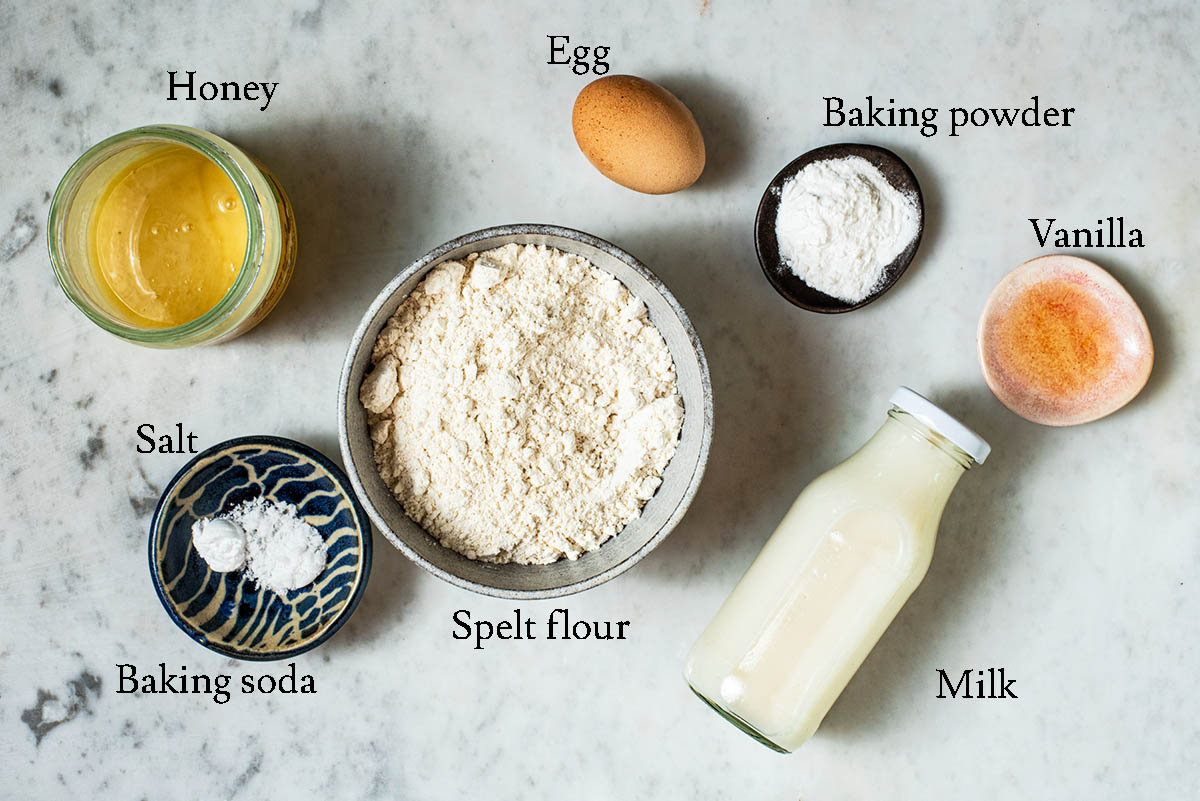 Scotch pancake ingredients with labels.