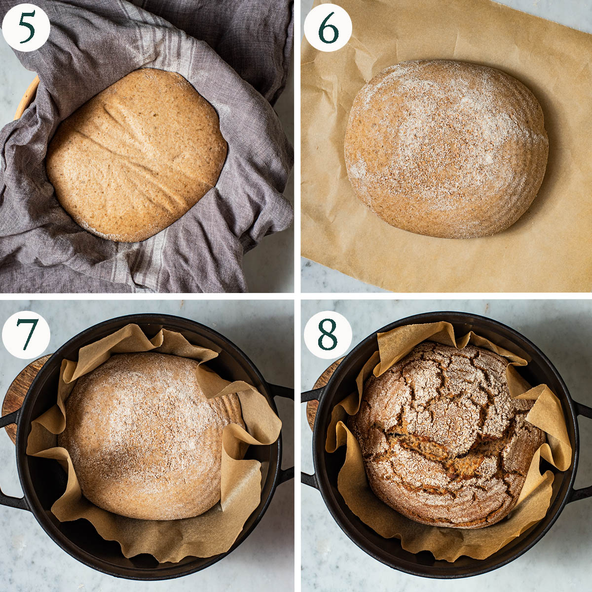 Sourdough steps 5 to 8, risen dough, turned out onto paper, and before and after baking.