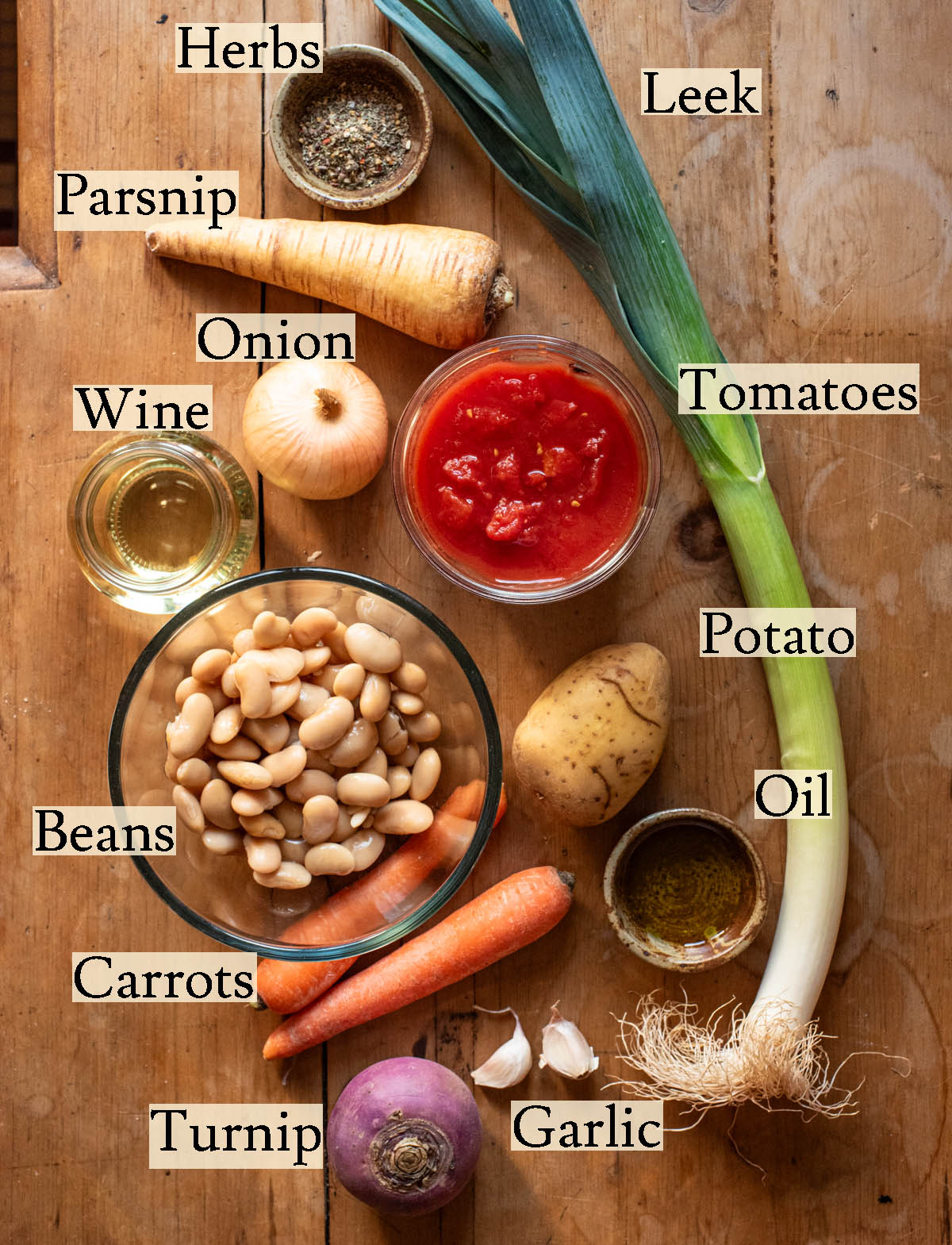 White bean stew ingredients with labels.