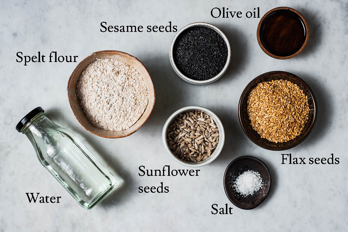 Spelt crackers ingredients with labels.