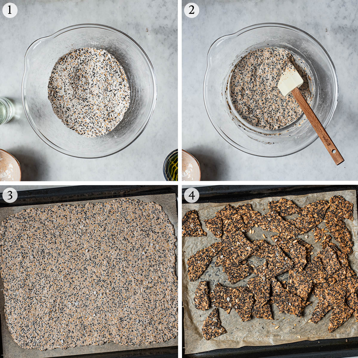 Crackers steps 1 to 4, mixing the base and before and after baking.