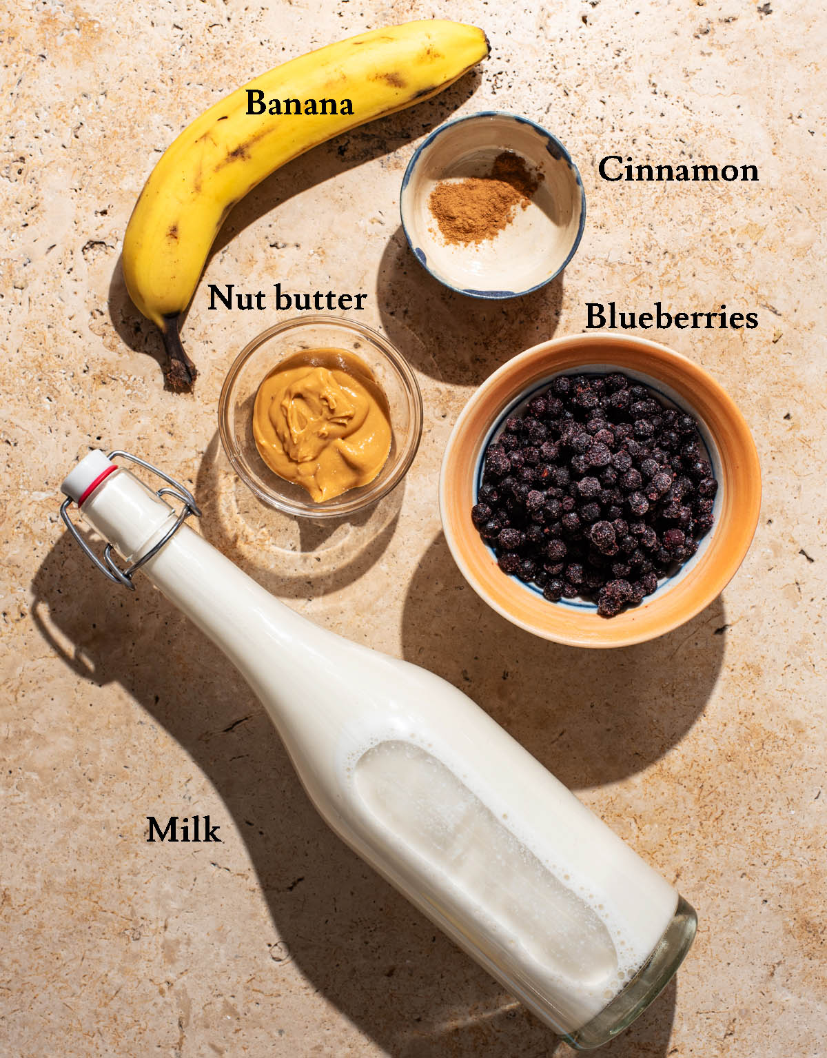 Blueberry smoothie ingredients with labels.