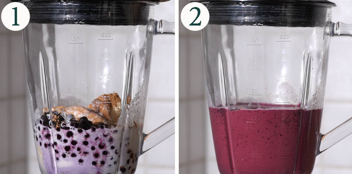 Purple smoothie steps 1 and 2, before and after blending.