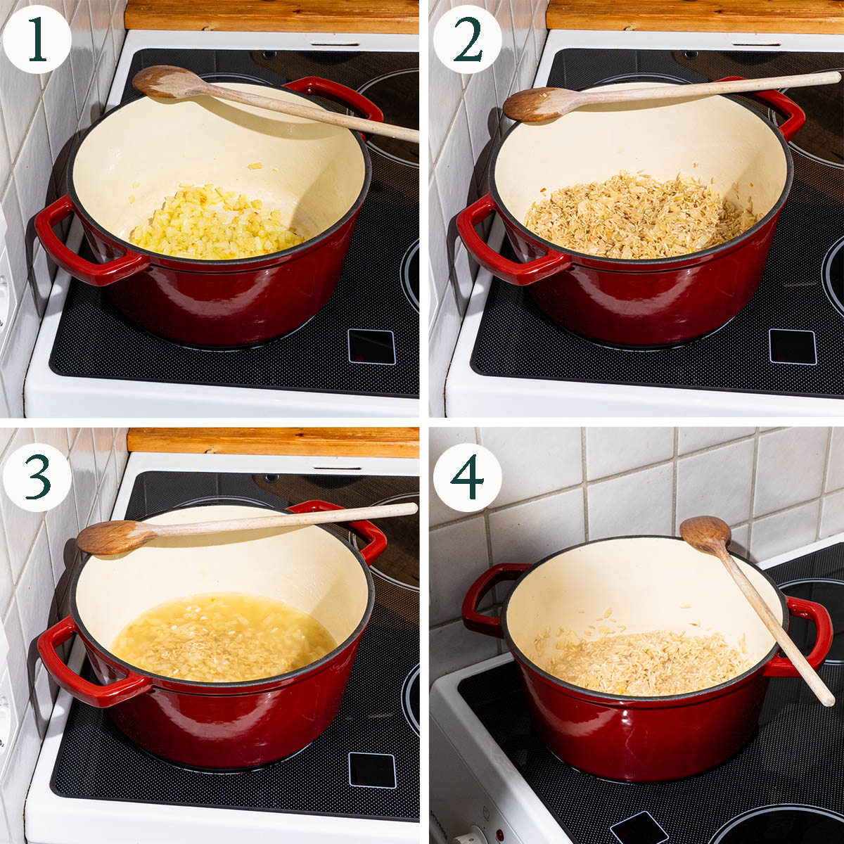 Risotto steps 1 to 4, cooking onions, adding broth and rice.