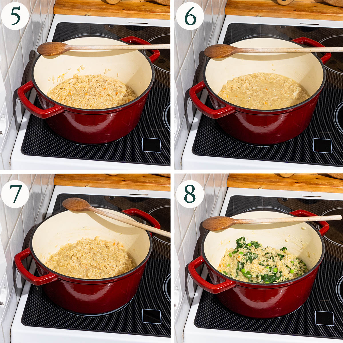 Risotto steps 5 to 8, cooking down the rice, with peas mixed in.
